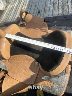 Western Saddle 16 Brown Leather Floral Black Suede Seat Stirrups Silver Accents