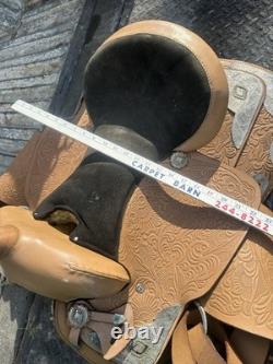 Western Saddle 16 Brown Leather Floral Black Suede Seat Stirrups Silver Accents