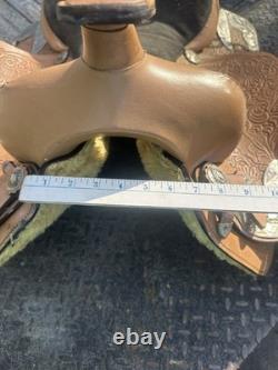 Western Saddle 16 Brown Leather Floral Black Suede Seat Stirrups Silver Accents