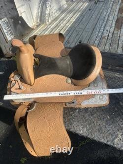 Western Saddle 16 Brown Leather Floral Black Suede Seat Stirrups Silver Accents