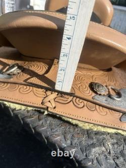 Western Saddle 16 Brown Leather Floral Black Suede Seat Stirrups Silver Accents