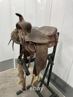 Western Saddle 16 Seat Vintage Tooled Leather Brown with Stirrups & Cinch