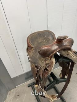 Western Saddle 16 Seat Vintage Tooled Leather Brown with Stirrups & Cinch
