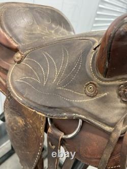 Western Saddle 16 Seat Vintage Tooled Leather Brown with Stirrups & Cinch