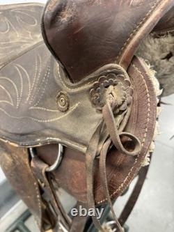 Western Saddle 16 Seat Vintage Tooled Leather Brown with Stirrups & Cinch