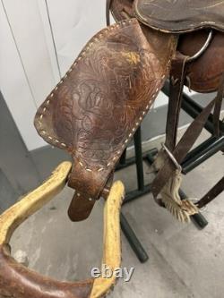 Western Saddle 16 Seat Vintage Tooled Leather Brown with Stirrups & Cinch