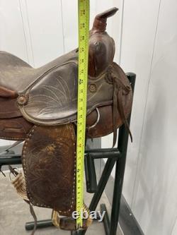 Western Saddle 16 Seat Vintage Tooled Leather Brown with Stirrups & Cinch