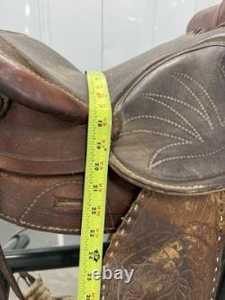 Western Saddle 16 Seat Vintage Tooled Leather Brown with Stirrups & Cinch