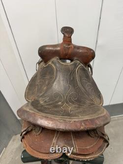 Western Saddle 16 Seat Vintage Tooled Leather Brown with Stirrups & Cinch