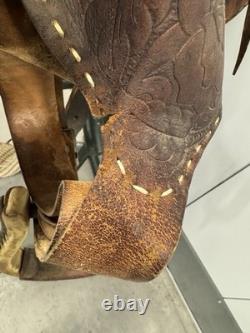 Western Saddle 16 Seat Vintage Tooled Leather Brown with Stirrups & Cinch