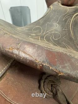 Western Saddle 16 Seat Vintage Tooled Leather Brown with Stirrups & Cinch