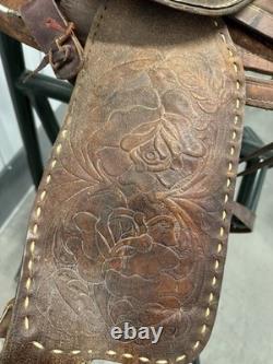 Western Saddle 16 Seat Vintage Tooled Leather Brown with Stirrups & Cinch