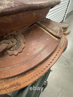 Western Saddle 16 Seat Vintage Tooled Leather Brown with Stirrups & Cinch