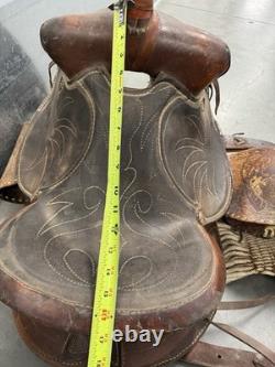 Western Saddle 16 Seat Vintage Tooled Leather Brown with Stirrups & Cinch