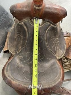 Western Saddle 16 Seat Vintage Tooled Leather Brown with Stirrups & Cinch