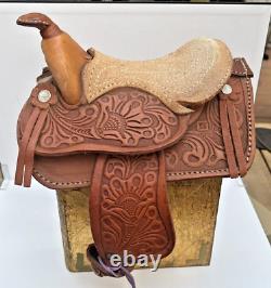 Western Saddle Mini Handmade Tooled Leather High Relief + Rosette Design VTG