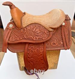 Western Saddle Mini Handmade Tooled Leather High Relief + Rosette Design VTG