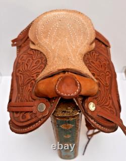 Western Saddle Mini Handmade Tooled Leather High Relief + Rosette Design VTG