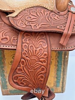 Western Saddle Mini Handmade Tooled Leather High Relief + Rosette Design VTG