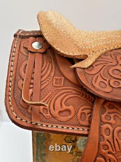 Western Saddle Mini Handmade Tooled Leather High Relief + Rosette Design VTG