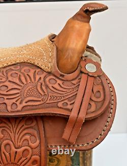 Western Saddle Mini Handmade Tooled Leather High Relief + Rosette Design VTG