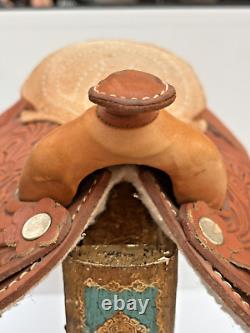 Western Saddle Mini Handmade Tooled Leather High Relief + Rosette Design VTG