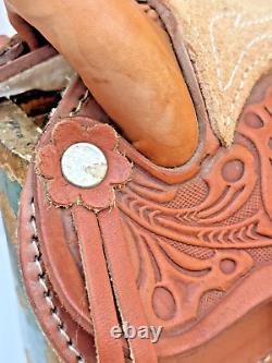 Western Saddle Mini Handmade Tooled Leather High Relief + Rosette Design VTG