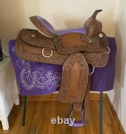 Western Saddle Package Complete Medium Oil withPurple Accents 16 Seat