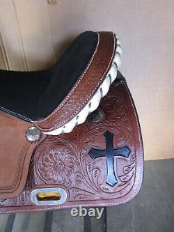 Western Saddle Trail Horse Barrel Racing Pleasure Floral Tooled Leather Size 15