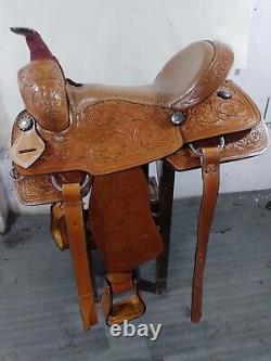 Western Saddle With Oastrich Laether Seat On Tan Brown Carbin Leather Size 14 15