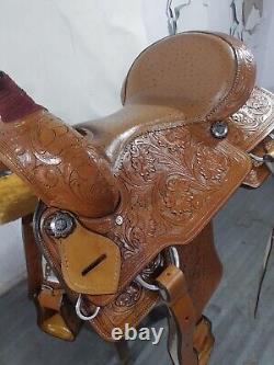 Western Saddle With Oastrich Laether Seat On Tan Brown Carbin Leather Size 14 15