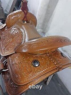 Western Saddle With Oastrich Laether Seat On Tan Brown Carbin Leather Size 14 15