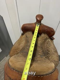 Western Tooled Leather Saddle 15 Seat Brown USA Stirrups Very Good Condition