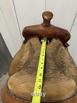 Western Tooled Leather Saddle 15 Seat Brown USA Stirrups Very Good Condition