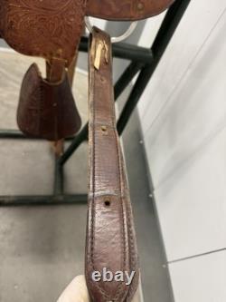 Western Tooled Leather Saddle 15 Seat Brown USA Stirrups Very Good Condition