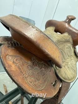 Western Tooled Leather Saddle 15 Seat Brown USA Stirrups Very Good Condition