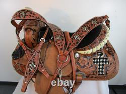 Western Trail Saddle Barrel Racing Horse Used Leather Cross Rhinestone 15 16 17