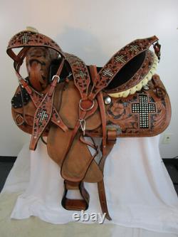 Western Trail Saddle Barrel Racing Horse Used Leather Cross Rhinestone 15 16 17