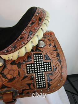Western Trail Saddle Barrel Racing Horse Used Leather Cross Rhinestone 15 16 17