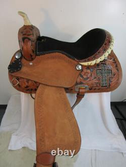 Western Trail Saddle Barrel Racing Horse Used Leather Cross Rhinestone 15 16 17
