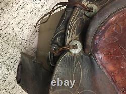 Western Vtg Riding Tooled Seat Brown Leather Horse Saddle 16' Braided Stirrups