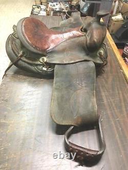 Western Vtg Riding Tooled Seat Brown Leather Horse Saddle 16' Braided Stirrups