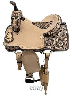 Western roper saddle natural and brown color leather with hand carbine tooled