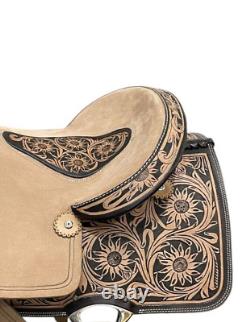 Western roper saddle natural and brown color leather with hand carbine tooled