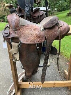 Western roping saddle, used, flaws, see pics for measurements & condition