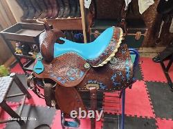 Western saddle 18 with breast collar and bridle
