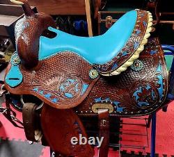 Western saddle 18 with breast collar and bridle