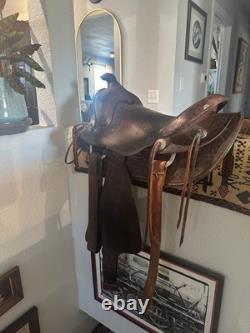 Western saddle, vintage antique western decor, 16 seat brown leather