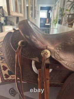 Western saddle, vintage antique western decor, 16 seat brown leather