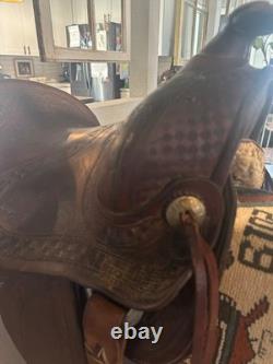 Western saddle, vintage antique western decor, 16 seat brown leather